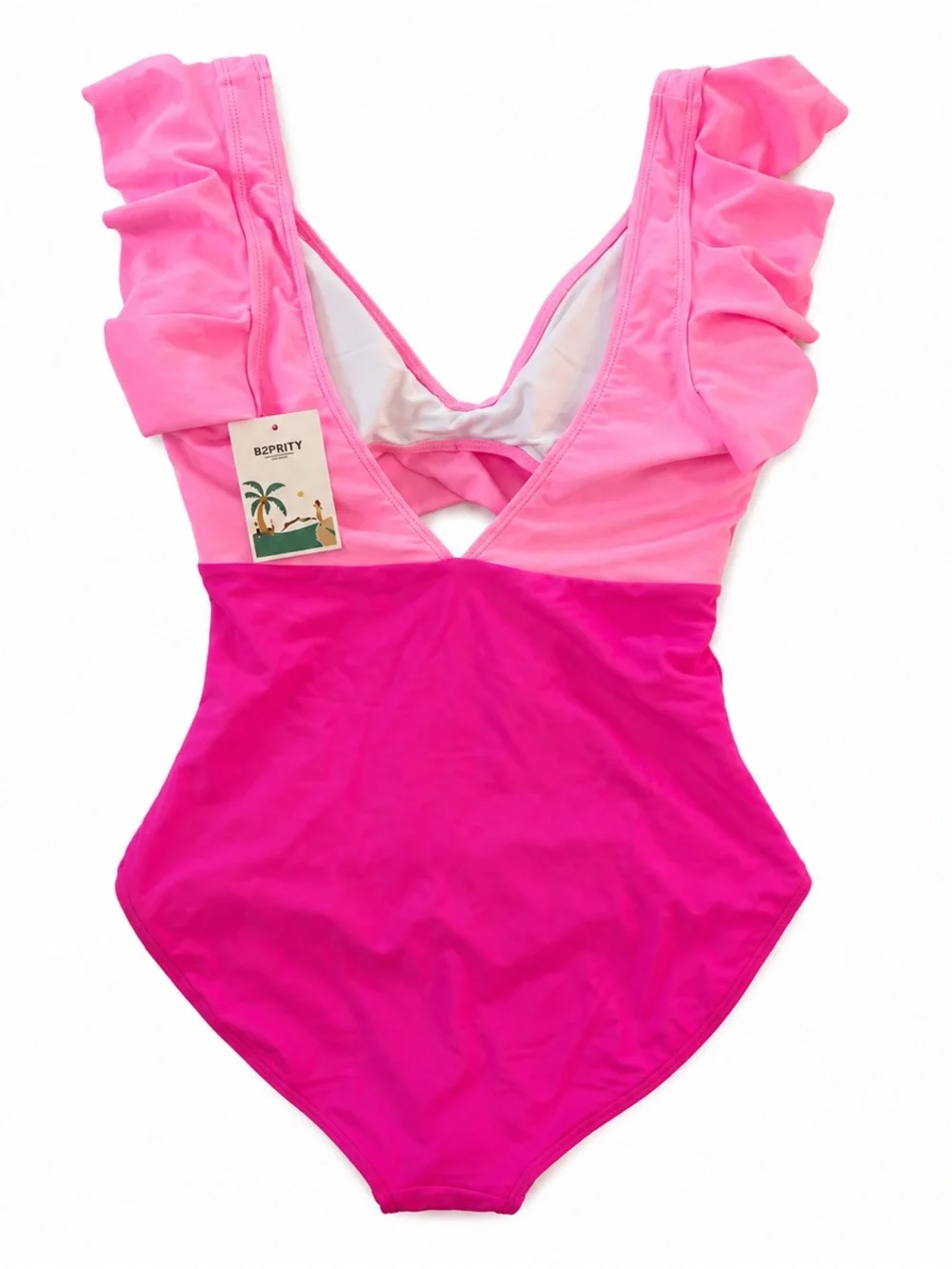 B2PRITY NWT Pink Colorblock Ruffle One Piece Swimsuit M Removable Cups